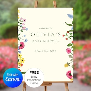 Wildflower Baby in Bloom Welcome Sign Template Gender Neutral Green Floral Baby Shower Entrance Sign Flower Photo Backdrop Editable Download