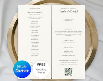 Könnte beinhalten: Ein weißes Hochzeitsprogramm mit schwarzem Text. Das Programm enthält die Hochzeitsgesellschaft, die Zeremoniedetails, die Empfangsdaten und einen QR-Code für ein Fotoalbum. Der Text lautet "Willkommen zur Hochzeit von Emily & David" und "17. September 2025, Brooklyn, NY".