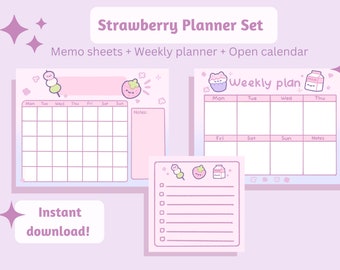 Cute Digital Strawberry Set | Open Calendar | Weekly planner | memo sheets | Stationery Printables | Instant Download |
