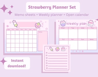 May include: A printable planner set with a strawberry theme. The set includes a weekly planner, a monthly calendar, and memo sheets. The planner pages feature cute strawberry illustrations and the text "Weekly plan" and "Notes".