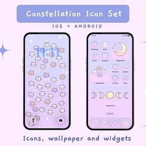 May include: A digital constellation icon set for iOS and Android featuring two smartphones with light purple backgrounds. The screens display cat-themed app icons, widgets, and wallpapers with moon phases, stars, and text reading 11:11.