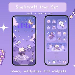 Puede incluir: Un conjunto de iconos digitales titulado Spellcraft Icon Set para iOS y Android que incluye fondos de pantalla, iconos de aplicaciones y widgets en tonos morados. El diseño incluye ilustraciones de un gato, fantasmas, un libro y estrellas.