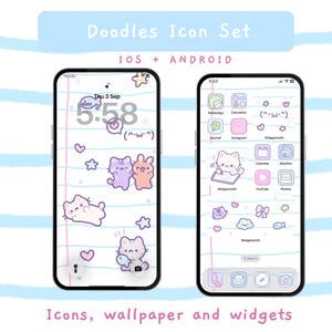 Può includere: Due smartphone che mostrano un set di icone Doodles per iOS e Android. Gli schermi presentano uno sfondo a righe azzurre e bianche con gatti, conigli, stelle e cuori color pastello. Il testo include Doodles Icon Set.