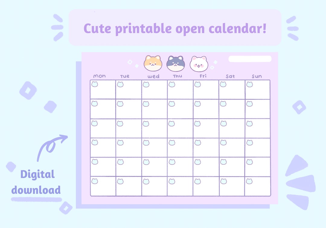 Open Monthly Calendar | Cute Stationery | Printable | Instant Download ...