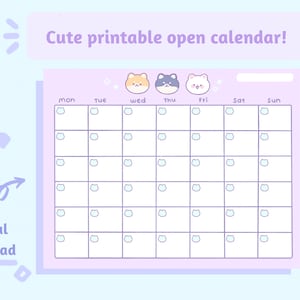 Open Monthly Calendar | Cute Stationery | Printable | Instant Download |
