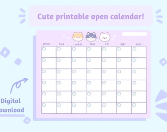 Open Monthly Calendar | Cute Stationery | Printable | Instant Download |