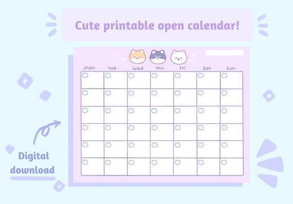 Open Monthly Calendar Cute Stationery Printable Instant - Etsy