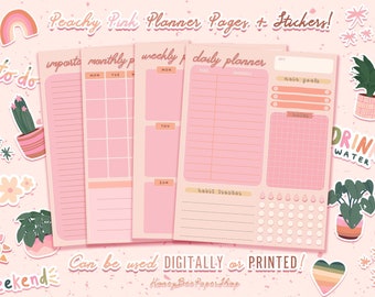 Pfirsich rosa Planer Seiten und Sticker Bundle | DIGITALER DOWNLOAD | Druckbar | Goodnotes 5 | Täglicher Wochenplaner | Kalender | Gewohnheiten