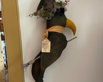 Primitive Witchy Crow Door Hanger, primitive crow, fall crow