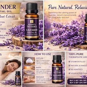 May include: An advertisement for lavender essential oil. The image features bottles of oil, purple lavender flowers, and text highlighting benefits like stress reduction and promoting sleep. The bottles are 10ml / 0.34 fl oz.