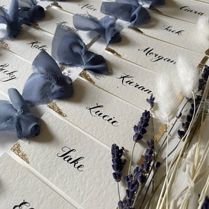 Wedding Place Cards, Hand Written And Handmade With Frayed Edge Silk Ribbon And Decorative Leaf