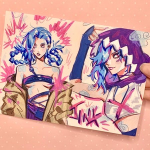 May include: A digital illustration of a character from the video game League of Legends. The character is Jinx, a female character with blue hair and a pink and purple outfit. The illustration is drawn in a cartoon style with bold lines and bright colors. The text "Jinx" is written in the bottom right corner of the illustration.