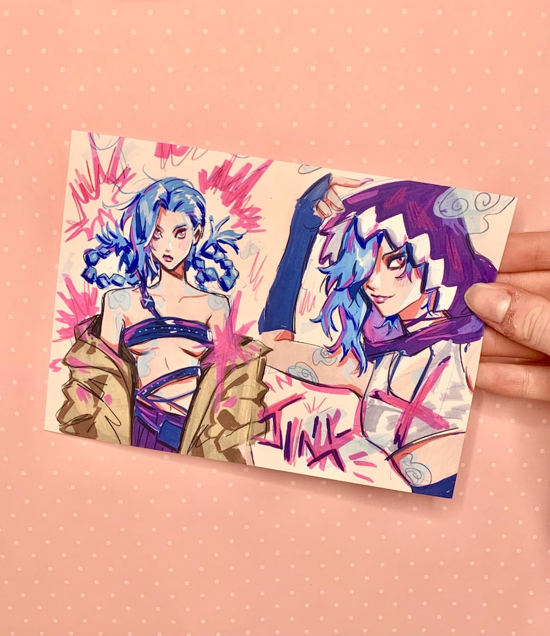 May include: A digital illustration of a character from the video game League of Legends. The character is Jinx, a female character with blue hair and a pink and purple outfit. The illustration is drawn in a cartoon style with bold lines and bright colors. The text "Jinx" is written in the bottom right corner of the illustration.