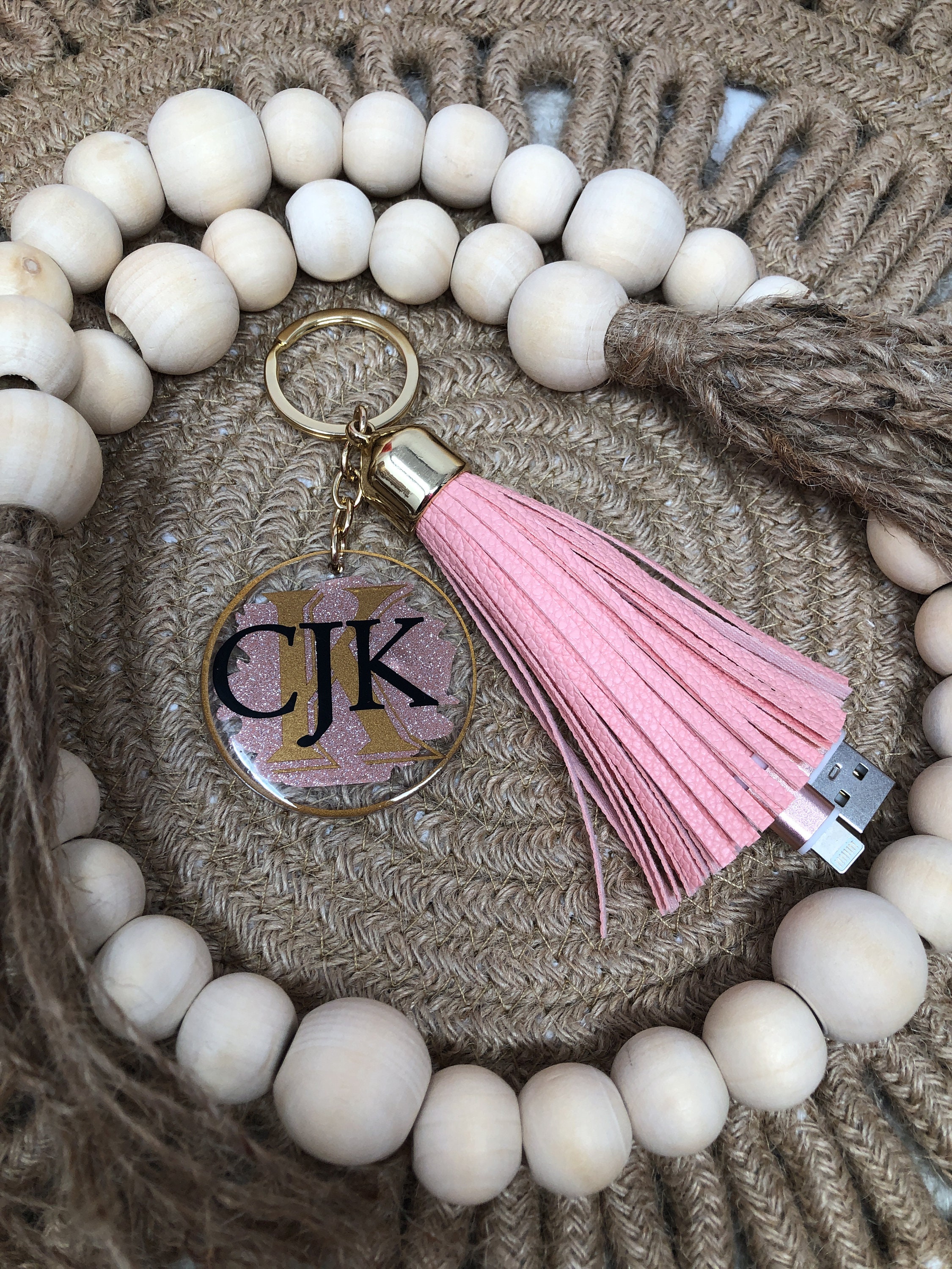 Power Up Leather Tassel Lightning to USB-A Keychain with Tassel Gold