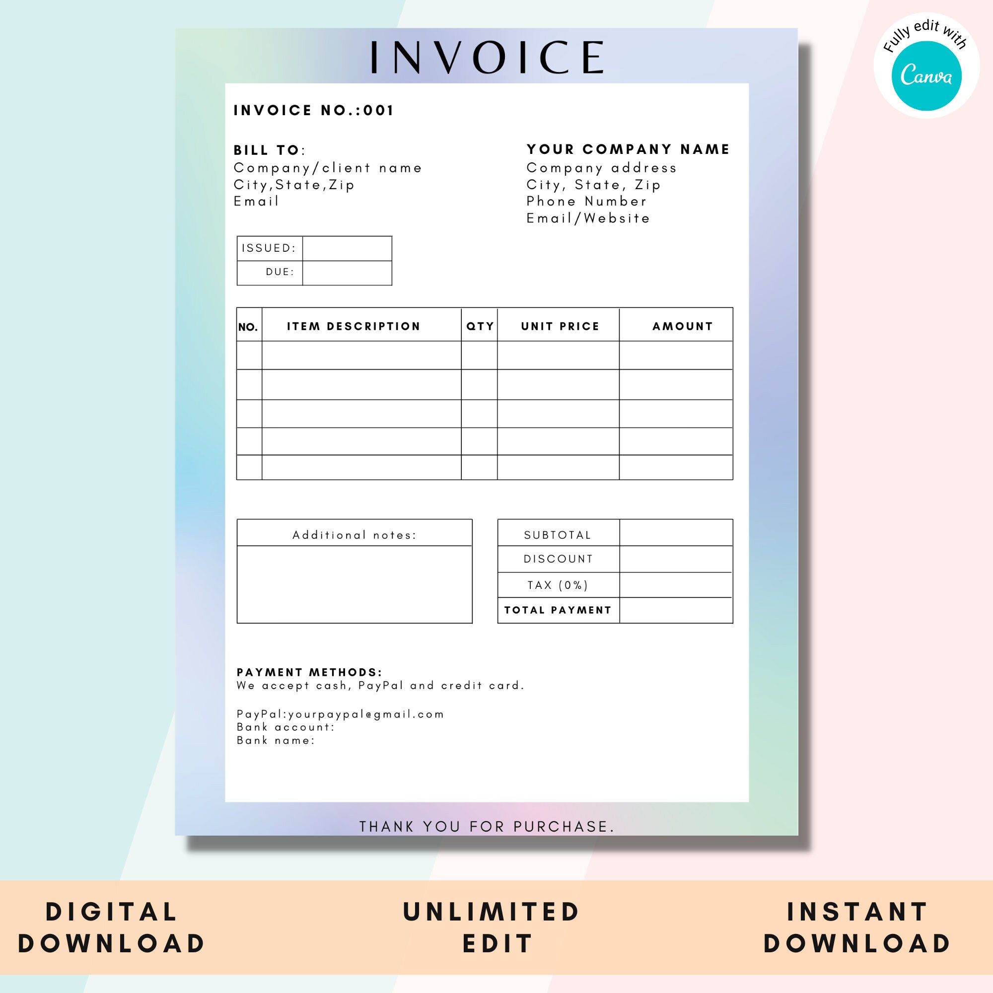 simple invoice template editable printable invoice free etsy