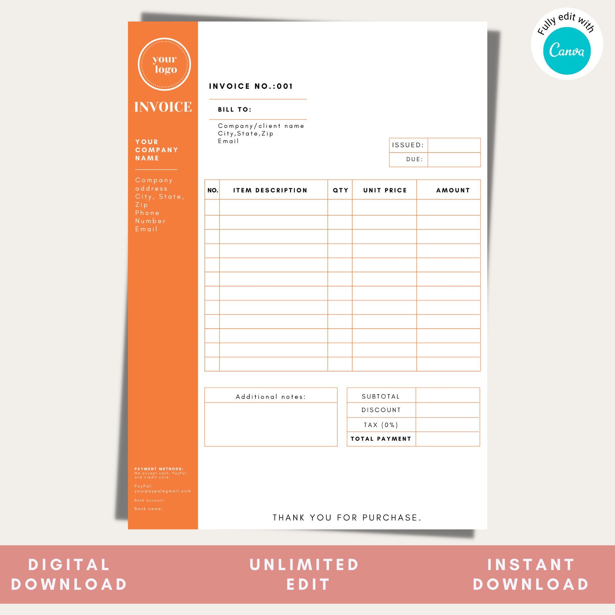 invoice template instant download editable printable etsy ireland