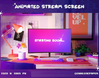 4x Animated Lofi Stream Screen 3D Stylized , Retro desk, Aesthetic Study, Chill Screen, Twitch stream screen, Cozy Ambience, Purple & Pink