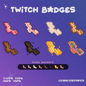 Könnte beinhalten: Ein Satz von acht Twitch-Badges in verschiedenen Farben, darunter Pink, Braun, Weiß, Gelb und Regenbogen. Die Badges sind pixelig und in Form von Fledermäusen. Der Text "Twitch Badges" befindet sich oben im Bild, und der Text "Pixel Bacon's" befindet sich unten. Der Text "112PX 72PX 35PX 18PX" befindet sich unten links, und der Text "@IMAGINEPAPER" befindet sich unten rechts.