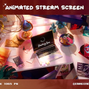 Puede incluir: Un ordenador portátil con una pantalla que dice "Starting Soon" en un escritorio blanco con un globo terráqueo, libros y un tazón de ramen. La imagen tiene una estética vintage con un borde rojo y el texto "ANIMATED STREAM SCREEN" en la parte superior.