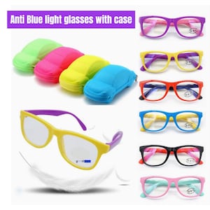 May include: Set of colorful anti-blue light glasses with a car-shaped case. The glasses have a rectangular frame and come in a variety of colors, including purple, yellow, red, blue, black, and pink.