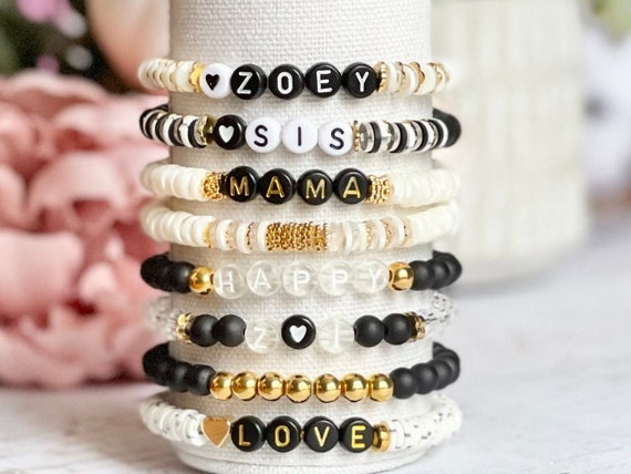 Customized Stretch Beaded Bracelets Kids - Black Beads White Letters