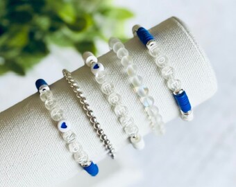 Blue Boy Mom Beaded Bracelet Stack | Customizable Clear with White Letter Bead Bracelets | Silver Bracelet |Mermaid Beaded Bracelet