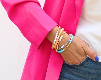 Peach and Blue 5-Piece Bracelet Set | Word Bracelet | Mother of Pearl Heart Charm Bracelet | Summer Stack | Gold Filled Beaded Bracelet