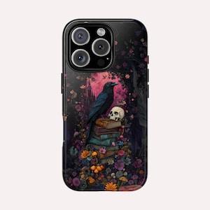 Gothic Black Crow Books and Skulls & Flowers - iPhone 16 15 14 13 12 11 Pro Max, Galaxy S25 S24 S23 , Pixel 9 8 7 6