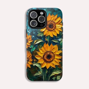 Sunflowers Phone Case Oil Painting Glass Floral Case Flower Lovers Gift Tough Case for iPhone 16 15 14 13 12 11 10 9 8 Pro Max