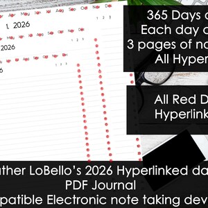 Puede incluir: Un diario PDF blanco con páginas rayadas, detalles de puntos rojos y la fecha "1 de enero de 2026" en fuente manuscrita. El texto en la imagen dice: "365 días de notas, Cada día contiene 3 páginas de notas, Todas con hipervínculos".