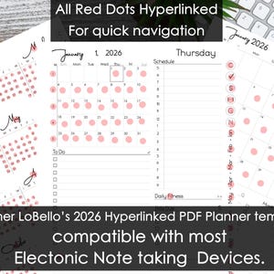 May include: A digital planner template for 2026 with a white background and red accents. The planner includes monthly calendars, a daily schedule, and a to-do list. The text reads "All Red Dots Hyperlinked For quick navigation" and "Heather LoBello's 2026 Hyperlinked PDF Planner template compatible with most Electronic Note taking Devices."