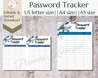 Password Tracker Digital Planner Insert Pdf. Floral Password Keeper Fillable Notebook Sheet.