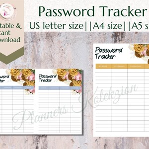 Floral Wachtwoord Tracker Invulbaar, Digitaal en Printbaar. Wachtwoord Notebookplanner. Sjabloon voor wifi-wachtwoordbewaker.