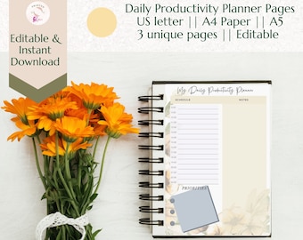 Editable Daily Planner Printable. Daily Custom Journal. Daily Schedule A5 Planner Insert.