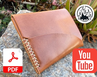 Puede incluir: Una cartera de cuero marrón con un borde cosido y una solapa curva. La cartera está sentada sobre una roca con un icono de PDF y un logotipo de YouTube en el fondo.