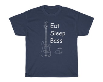 Eat Sleep Bass Cats | Bass Guitar T-shirt | P-style Bass Guitar | Bassist Gift | Unisex Heavy Cotton Tee