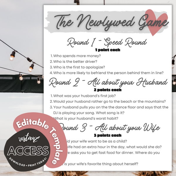 The Newlywed Game - Instant Download - Printable Digital Games - Couples Competition Game Idea - Wedding Engagement Party Game