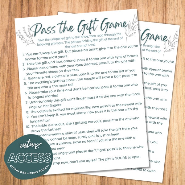 Pass the Gift Game - Bridal Shower Activity -  Instant Download - Printable Digital Games - Fun Bridal Shower Activities - Party Games