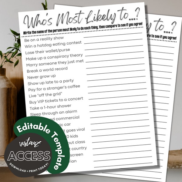 Who's Most Likely To Game - Editable Template - Fun Party/Event Activity - Instant Download - Printable Digital Games - Icebreaker Game