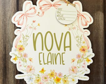 Floral Bow Printed Custom Personalized Name Sign | Hospital Door Hanger | Bow Baby Announcement | Custom Flower Name Sign | Bow Name Sign |
