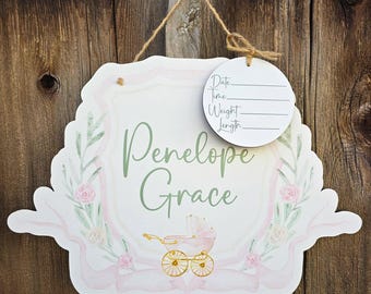 Pram Grandmillennial Printed Custom Personalized Name Sign | Hospital Door Hanger | Baby Announcement | Custom Name Sign | Bow Name Sign |