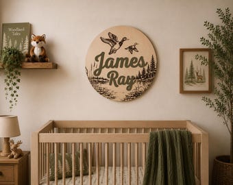 Woodland Duck Name Sign | Large Wood Name Sign | Duck Nursery Sign | Layered Baby Name Sign | Round Nursery Sign | Woodland Decor