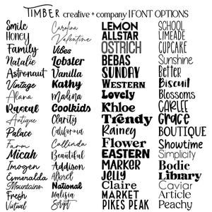 May include: A black and white image showcasing various font options. The text includes words such as "Smile," "Family," "Lemon," "Trendy," and "Boutique." The fonts are diverse, ranging from cursive to bold.