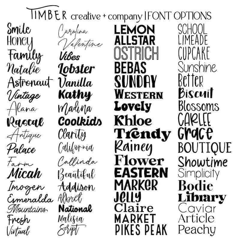 May include: A black and white image showcasing various font options. The text includes words such as "Smile," "Family," "Lemon," "Trendy," and "Boutique." The fonts are diverse, ranging from cursive to bold.