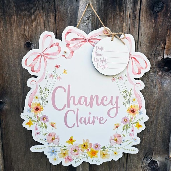 Floral Bow Printed Custom Personalized Name Sign | Hospital Door Hanger | Bow Baby Announcement | Custom Flower Name Sign | Bow Name Sign |