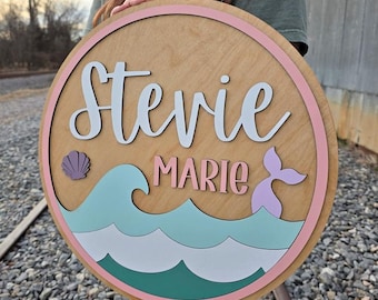 Mermaid Name Sign | Large Wood Name Sign | Ocean Nursery Sign | Layered Baby Name Sign | Round Sign | Seashell Sign | Under The Sea Sign