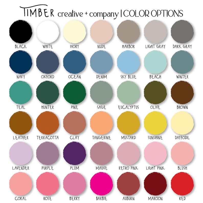 May include: A colour chart from Timber Creative + Company, showcasing a variety of colour options. The chart includes a range of hues, from black and white to vibrant shades like Barbie pink and red. Each colour is displayed in a circular swatch with its name.