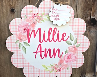 Floral Gingham Printed Custom Personalized Name Sign | Hospital Door Hanger | Plaid Baby Announcement | Custom Flower Name Sign | Name Sign