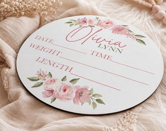 Pink Floral Baby Birth Stat Sign | Personalized Newborn Name Plaque | Baby Girl Birth Announcement | Hospital Keepsake