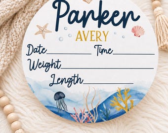 Ocean Baby Birth Stat Sign | Personalized Under the Sea Newborn Name Plaque | Hospital Birth Announcement Keepsake